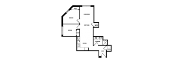 A floor plan of a house with a kitchen, living room, two bedrooms and a bathroom.