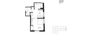 A black and white image of a floor plan for a studio apartment.