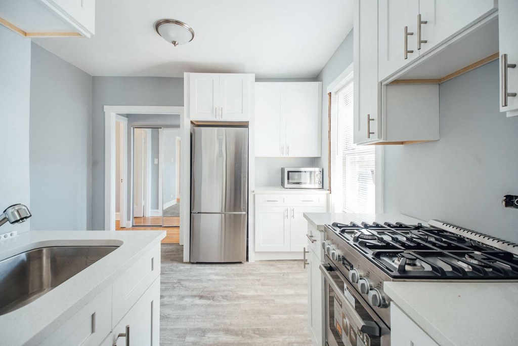 a white kitchen with a stove and a refrigerator
