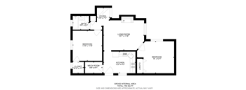 A black and white floor plan of a house with a living room, kitchen, two bedrooms, a bathroom, and a closet.