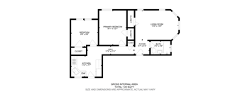 A black and white floor plan of a house with a living room, two bedrooms, a bathroom, a kitchen, and a foyer.
