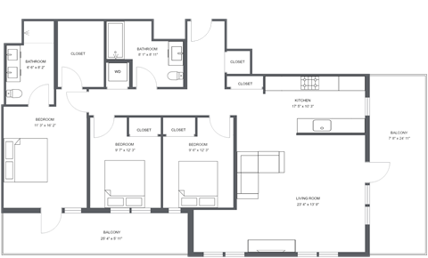 a floor plan of a large bedroom apartment