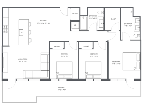 a floor plan of a large bedroom apartment