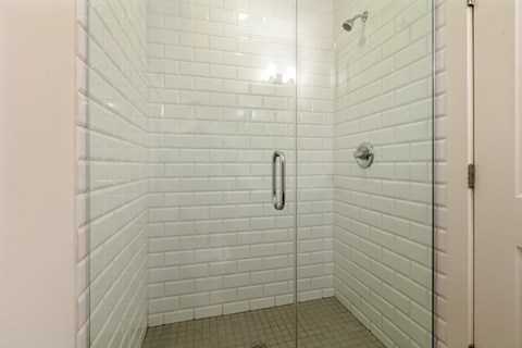 A white tiled shower with a glass door.