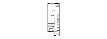 A floor plan of a small apartment with a kitchen, bathroom and living room.