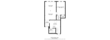A floor plan of a small apartment with a living room, dining room, kitchen, bathroom, and closet.