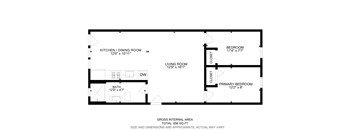 A floor plan of a house with a living room, kitchen/dining room, and two bedrooms.