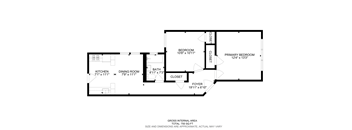 A floor plan of a house with a kitchen, dining room, two bathrooms, and two bedrooms.