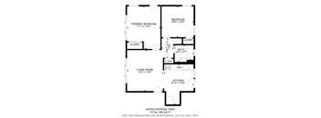 A floor plan of a house with a living room, two bedrooms, a bath, a kitchen, and a closet.