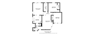 A floor plan of a house with a living room, dining room, kitchen, and two bedrooms.