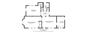 A floor plan of a house with a living room, dining room, kitchen, and three bedrooms.