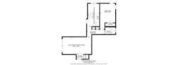 A floor plan of a small apartment with a living room, dining room, kitchen, and bathroom.