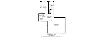 A floor plan of a house with a living room, dining area, kitchen, and closet.