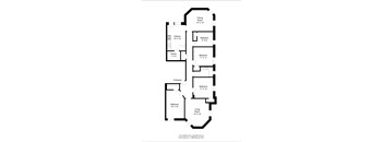A black and white image of a floor plan for a house with a living room, dining room, kitchen, pantry, and four bedrooms.