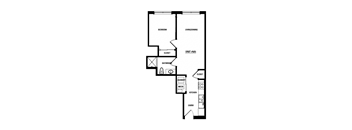 A floor plan of a unit with a bedroom, bathroom, living room, dining room, kitchen, and entry.