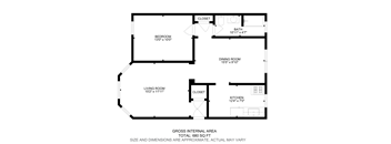 A black and white image of a floor plan for a house with a total gross internal area of 680 square feet.