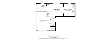 A floor plan of a house with a living room, dining room, kitchen, and two bedrooms.
