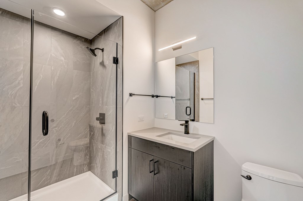A modern bathroom with a walk-in shower and a white toilet.