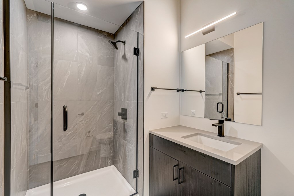 A modern bathroom with a walk-in shower and a sink vanity.