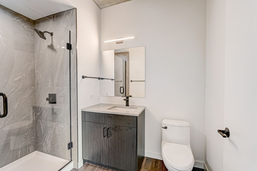 A bathroom with a walk-in shower, toilet, and sink.