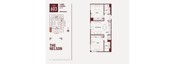 A floor plan for apartment 603 at The Nelson shows a 2 bedroom, 2 bathroom layout on the 6th floor.