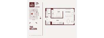 A floor plan for an apartment at The Nelson shows a bedroom, living room, and kitchen.