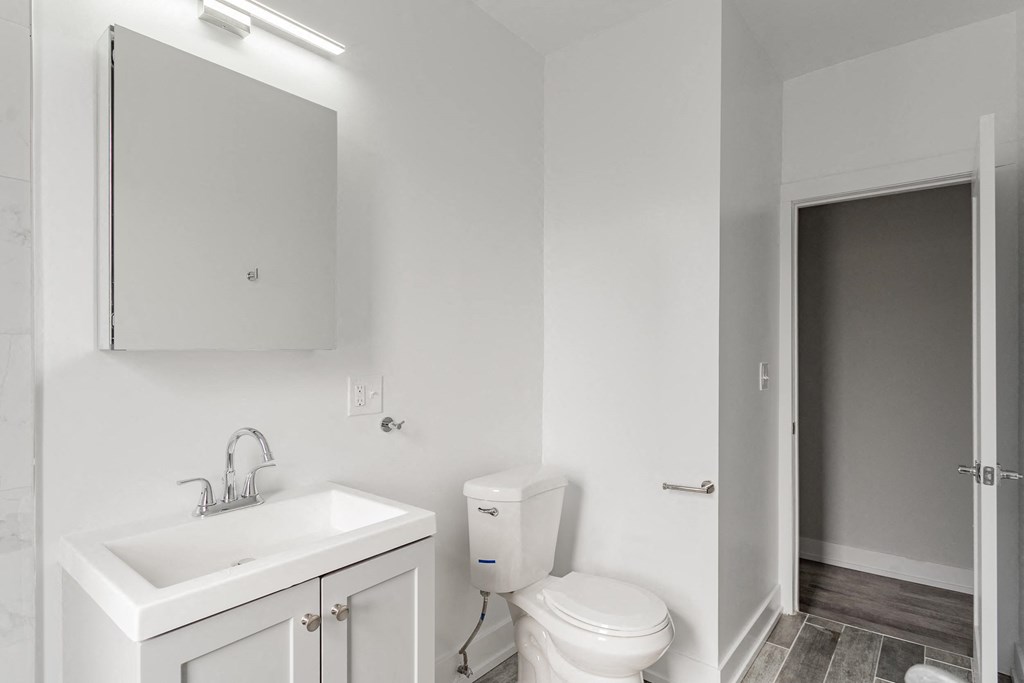 a bathroom with a sink toilet and a mirror