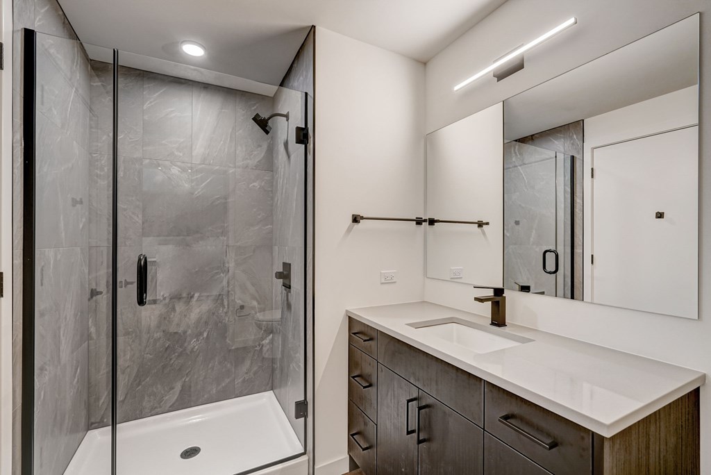 A modern bathroom with a walk-in shower and double sink vanity.