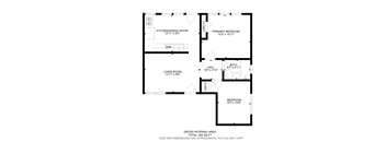A floor plan of a house with a kitchen, living room, and two bedrooms.