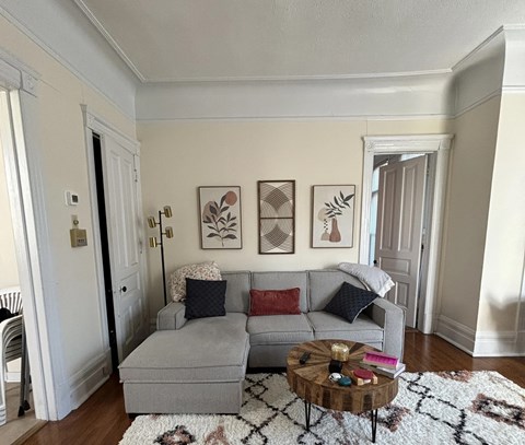 A living room with a grey couch and a coffee table.