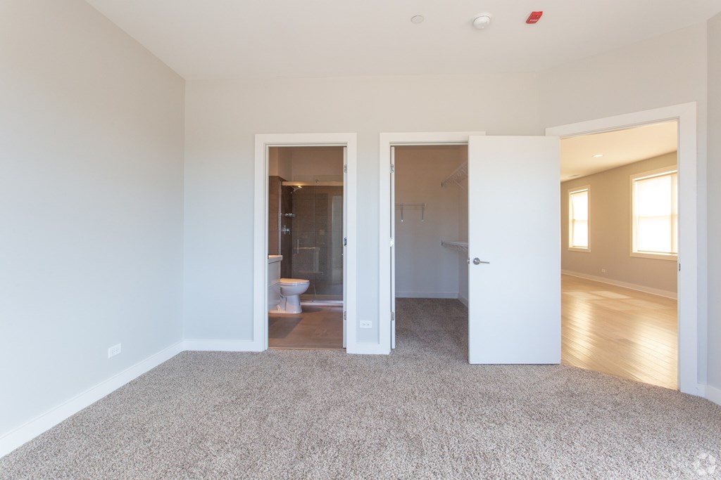 A room with a carpeted floor and three open doors.