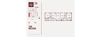 A red and white image of a floor plan for an apartment at The Nelson.