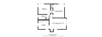 A floor plan of a house with a bedroom, two bathrooms, a kitchen, a dining room, a living room, and a primary bedroom.