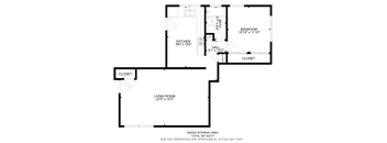 A floor plan of a house with a living room, kitchen, and two bedrooms.