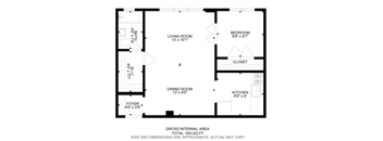A floor plan of a house with a living room, dining room, kitchen, bedroom and closet.