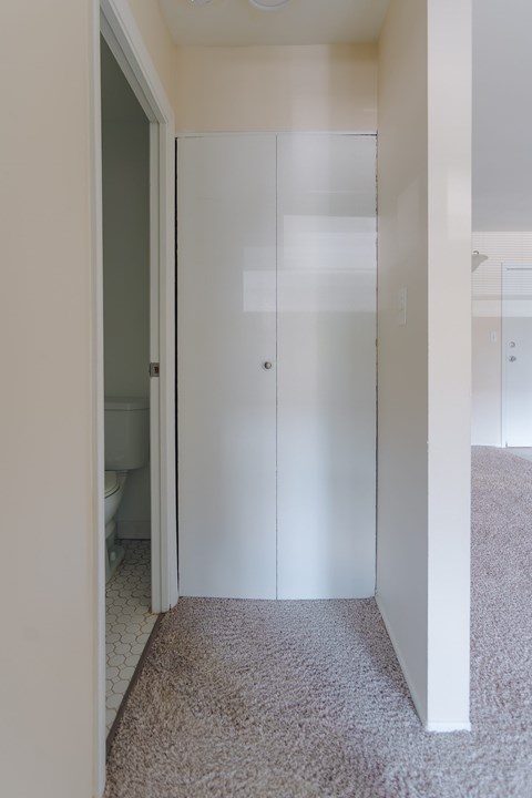 A white door is in a hallway with carpeted floors.