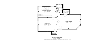 A floor plan of a house with a living room, bedroom, and eat-in kitchen.