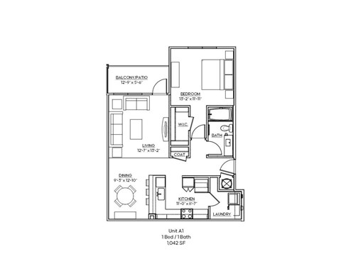A floor plan of a one bedroom apartment with dimensions.