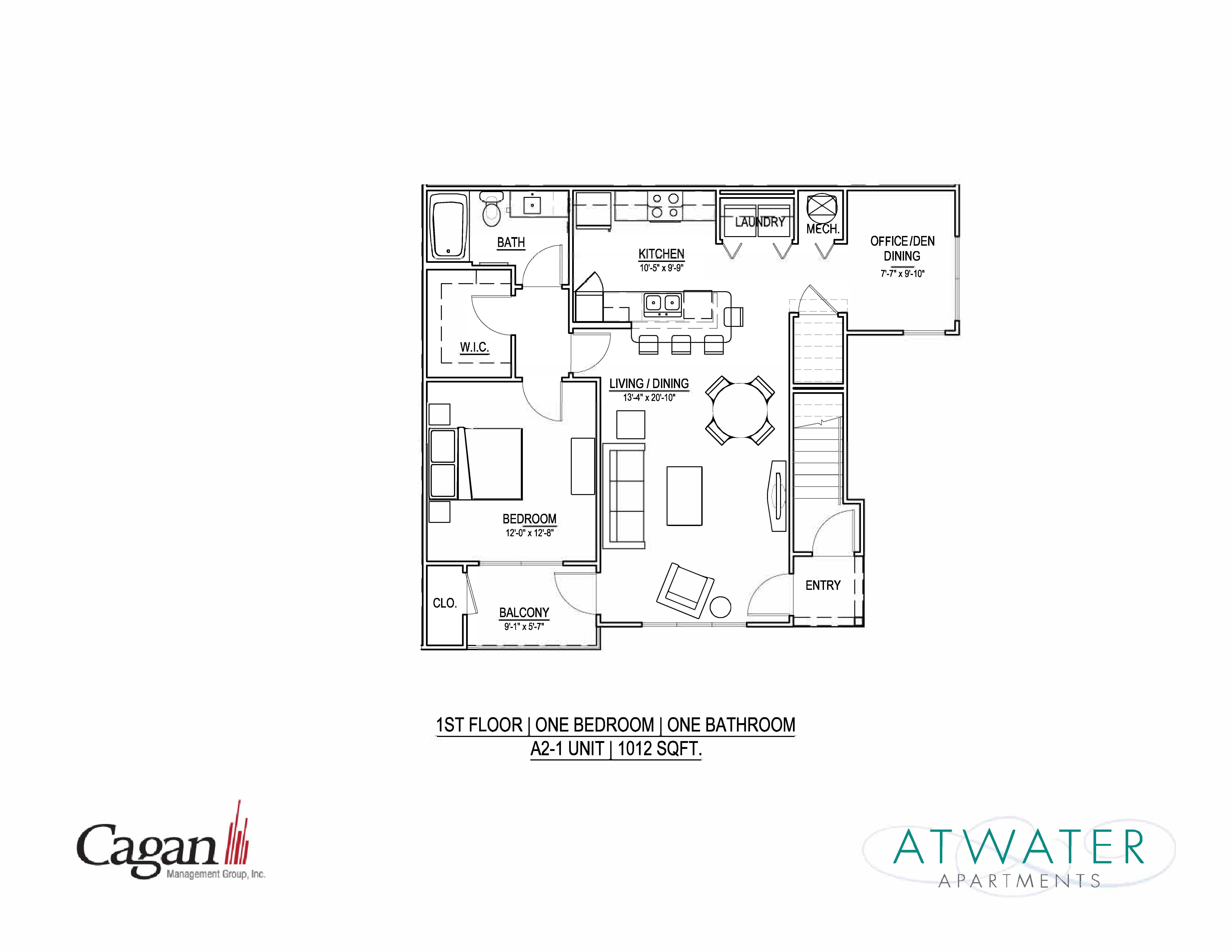 1st floor one bedroom plus office