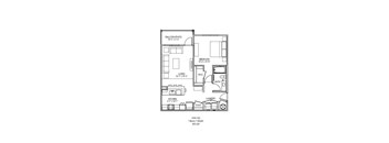 A floor plan of a balcony patio with a bedroom, living room, kitchen, laundry, and bathroom.