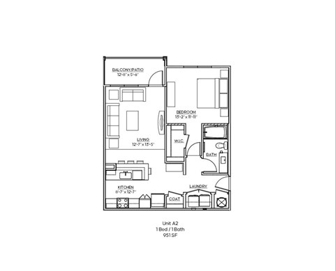 A floor plan of a balcony patio with a bedroom, living room, kitchen, laundry, and bathroom.