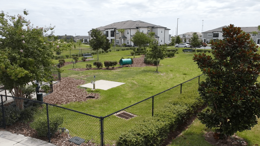 A black fence surrounds a green yard.