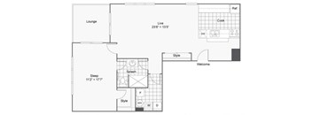 A floor plan of a house with a lounge, kitchen, and two bedrooms.