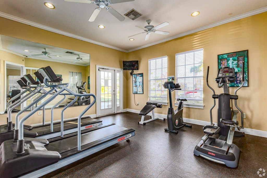 A spacious home gym with treadmills, elliptical machines, and a fan.