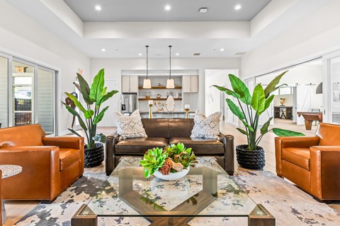 A modern living room with a glass coffee table and brown leather couches.