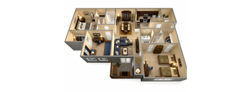 A 3D floor plan of a house with multiple rooms and furniture.