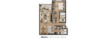 A floor plan of a one bedroom apartment with a balcony and a living room.