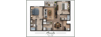 A floor plan of a house named Alexander with two bedrooms, two bathrooms, a living room, a kitchen, and a dining room.