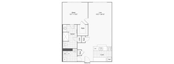 A floor plan of a small apartment with a sleeping area, a living area, a kitchen, and a bathroom.