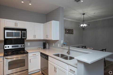 A modern kitchen with white cabinets and stainless steel appliances.